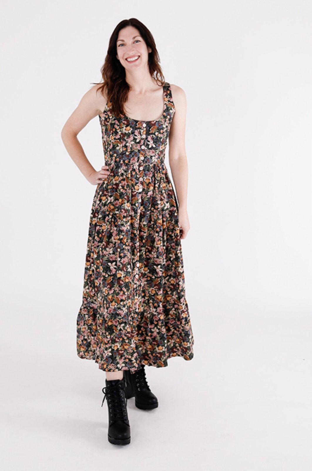 Chalk & Notch Shay Dress sewing pattern – tiered maxi dress with scoop neck and puff sleeves for sizes 0-30