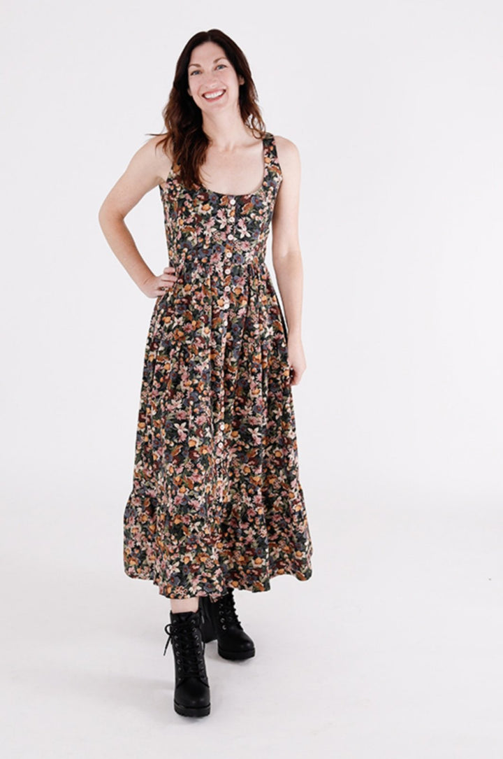 Chalk & Notch Shay Dress sewing pattern – tiered maxi dress with scoop neck and puff sleeves for sizes 0-30
