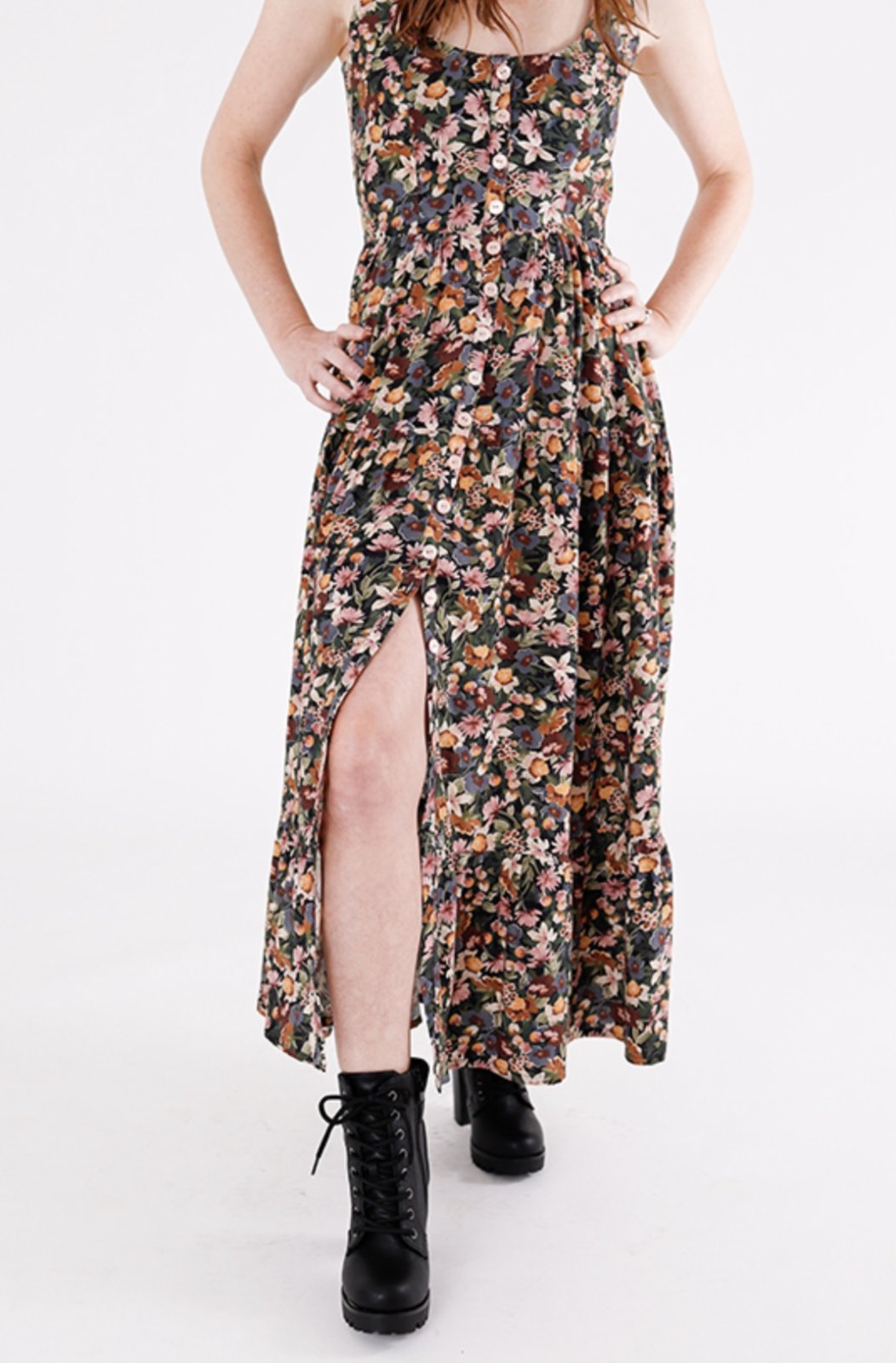 Chalk & Notch Shay Dress sewing pattern – tiered maxi dress with scoop neck and puff sleeves for sizes 0-30