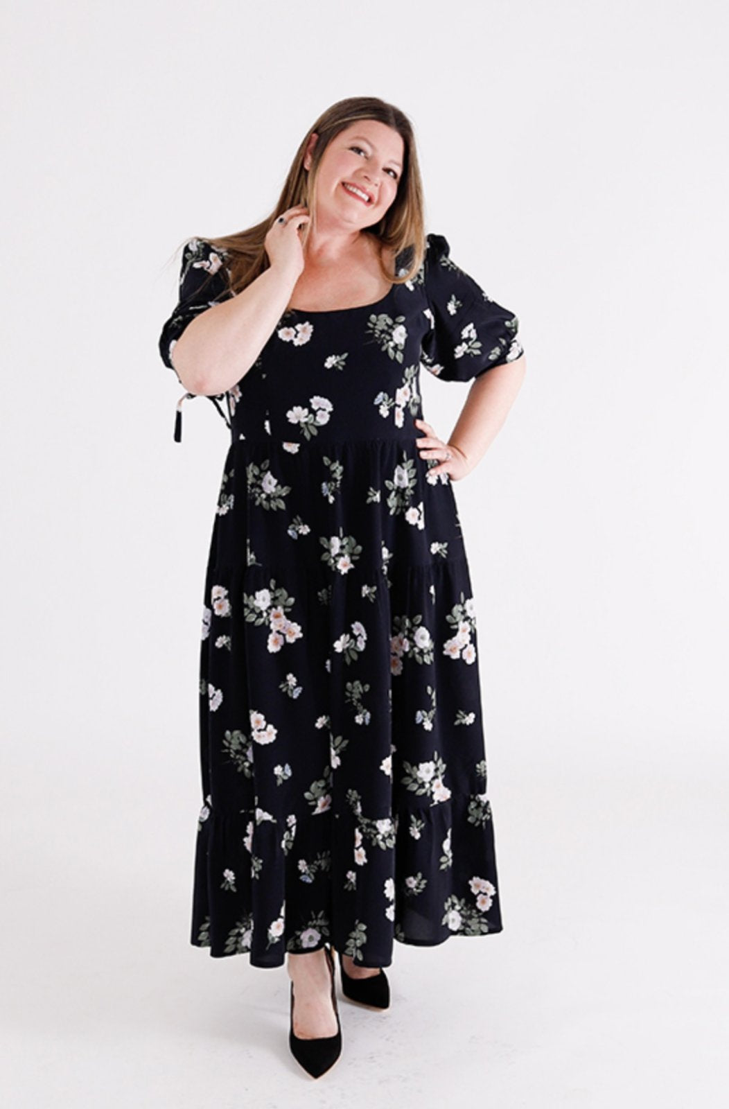 Chalk & Notch Shay Dress sewing pattern – tiered maxi dress with scoop neck and puff sleeves for sizes 0-30