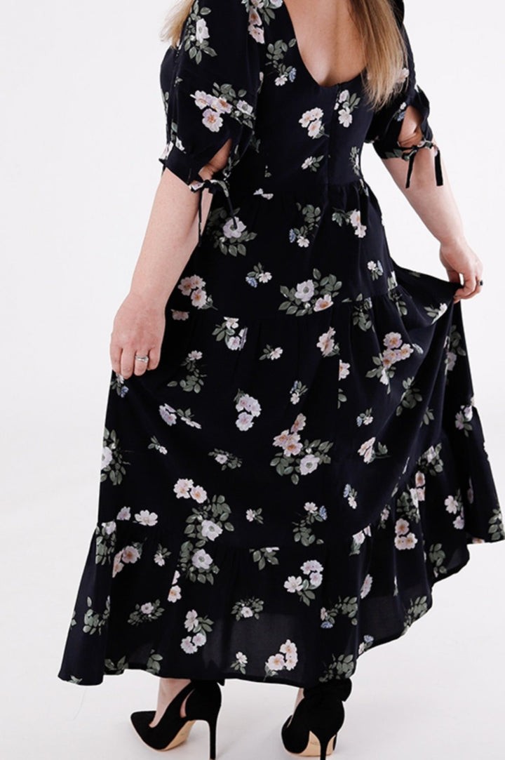 Chalk & Notch Shay Dress sewing pattern – tiered maxi dress with scoop neck and puff sleeves for sizes 0-30