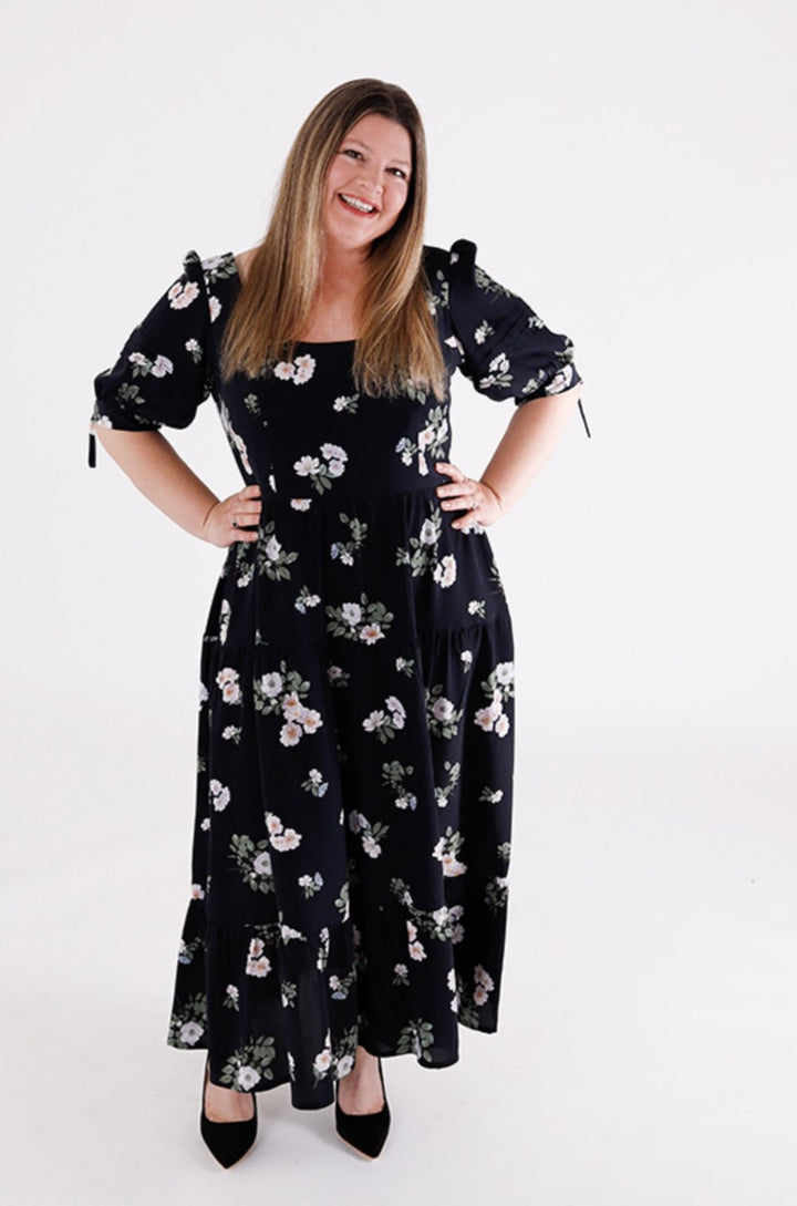 Chalk & Notch Shay Dress sewing pattern – tiered maxi dress with scoop neck and puff sleeves for sizes 0-30