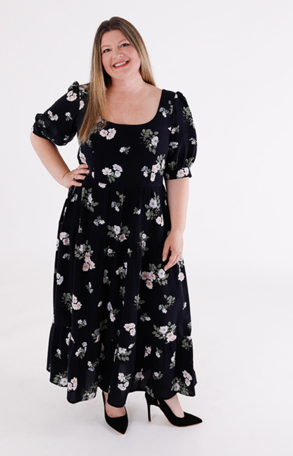 Chalk & Notch Shay Dress sewing pattern – tiered maxi dress with scoop neck and puff sleeves for sizes 0-30