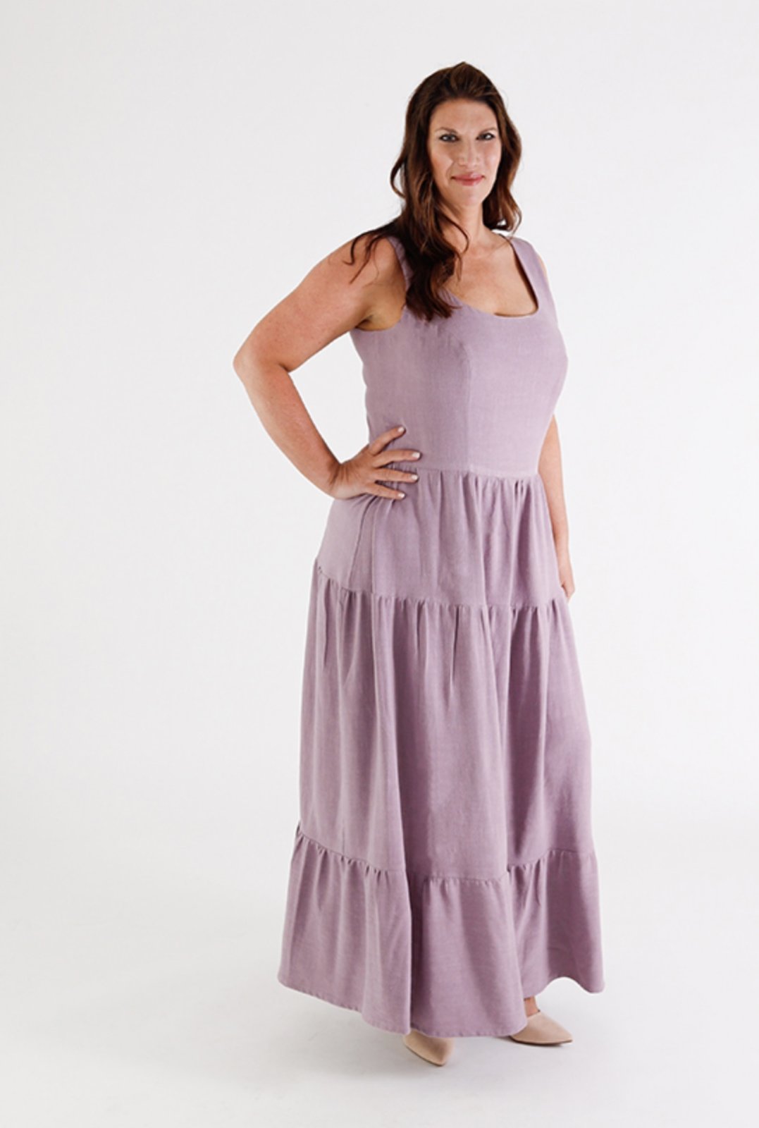 Chalk & Notch Shay Dress sewing pattern – tiered maxi dress with scoop neck and puff sleeves for sizes 0-30