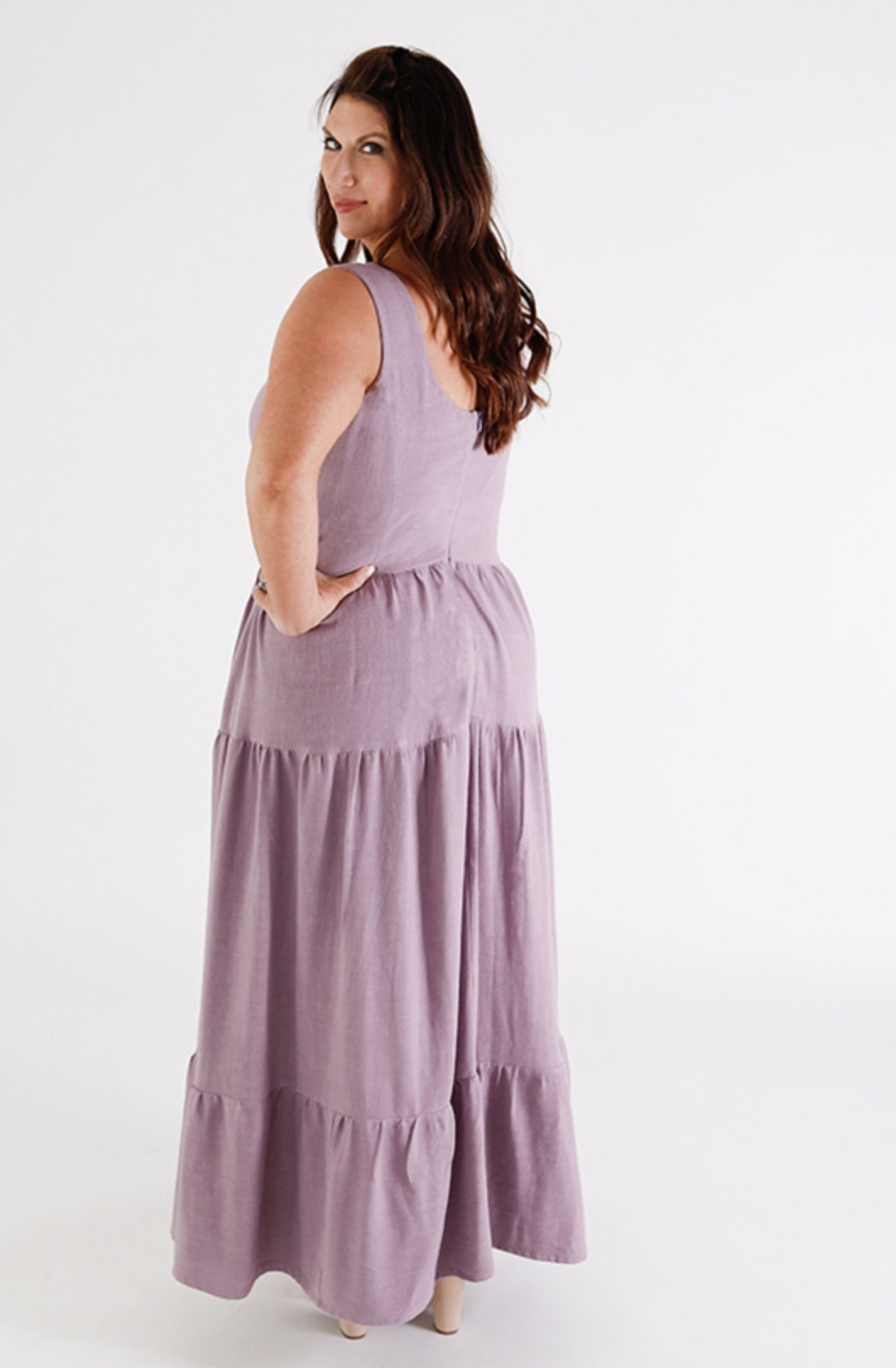 Chalk & Notch Shay Dress sewing pattern – tiered maxi dress with scoop neck and puff sleeves for sizes 0-30