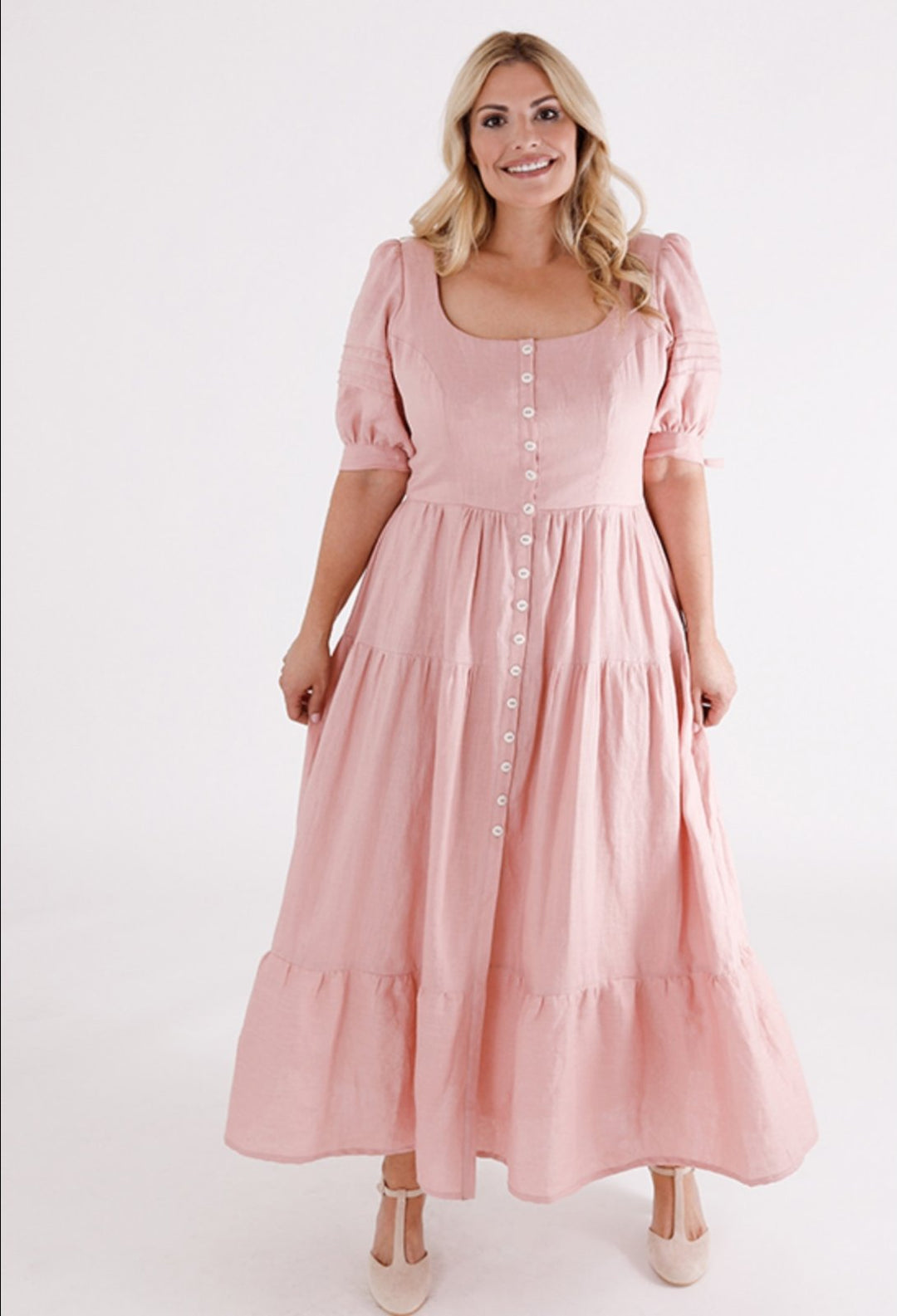 Chalk & Notch Shay Dress sewing pattern – tiered maxi dress with scoop neck and puff sleeves for sizes 0-30