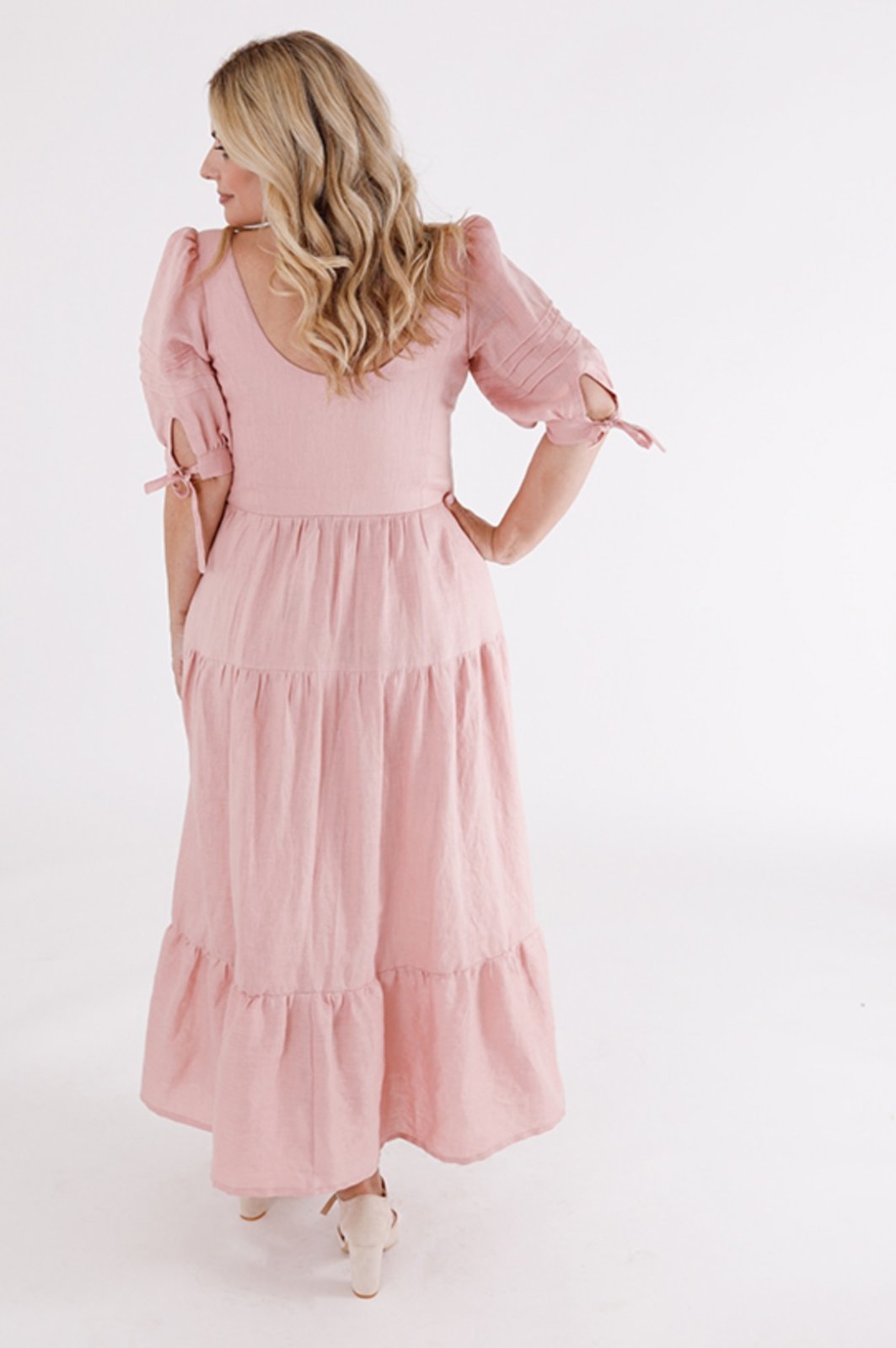 Chalk & Notch Shay Dress sewing pattern – tiered maxi dress with scoop neck and puff sleeves for sizes 0-30