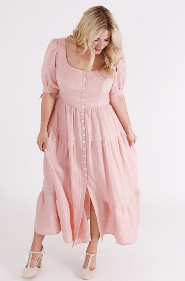Chalk & Notch Shay Dress sewing pattern – tiered maxi dress with scoop neck and puff sleeves for sizes 0-30