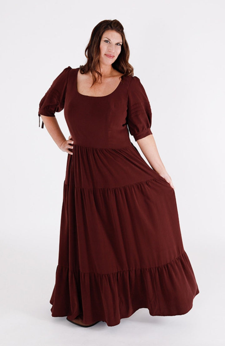 Chalk & Notch Shay Dress sewing pattern – tiered maxi dress with scoop neck and puff sleeves for sizes 0-30