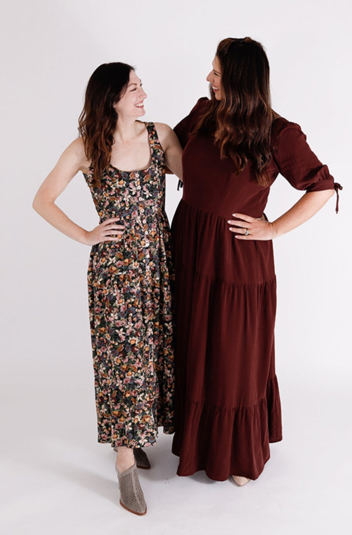 Chalk & Notch Shay Dress sewing pattern – tiered maxi dress with scoop neck and puff sleeves for sizes 0-30