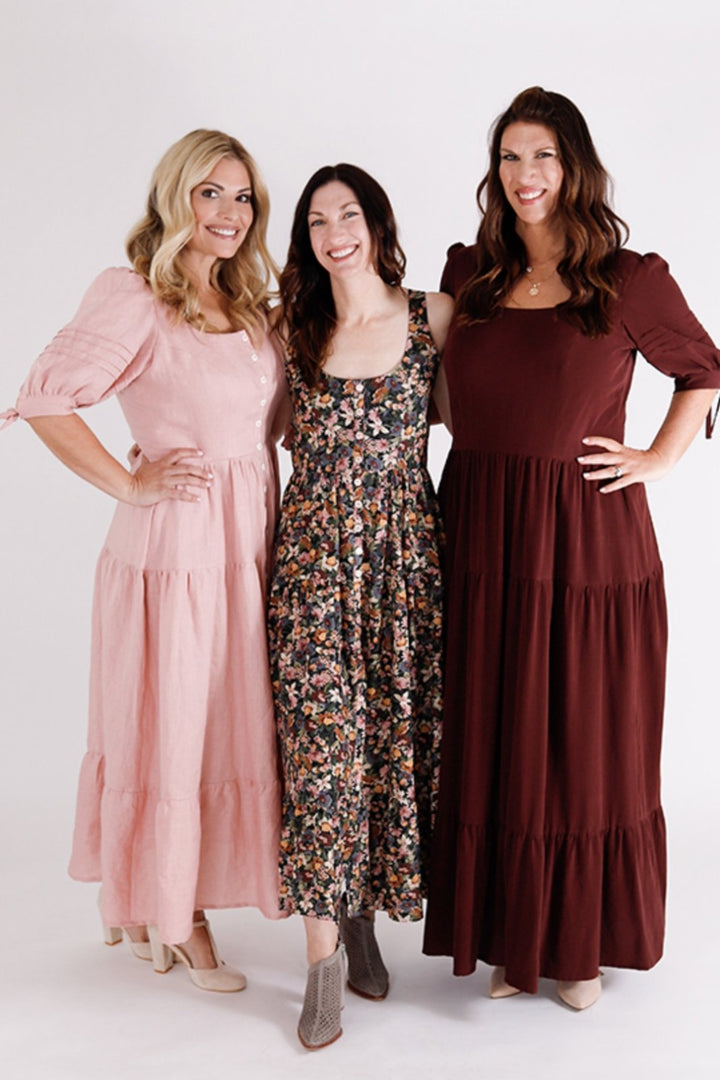 Chalk & Notch Shay Dress sewing pattern – tiered maxi dress with scoop neck and puff sleeves for sizes 0-30