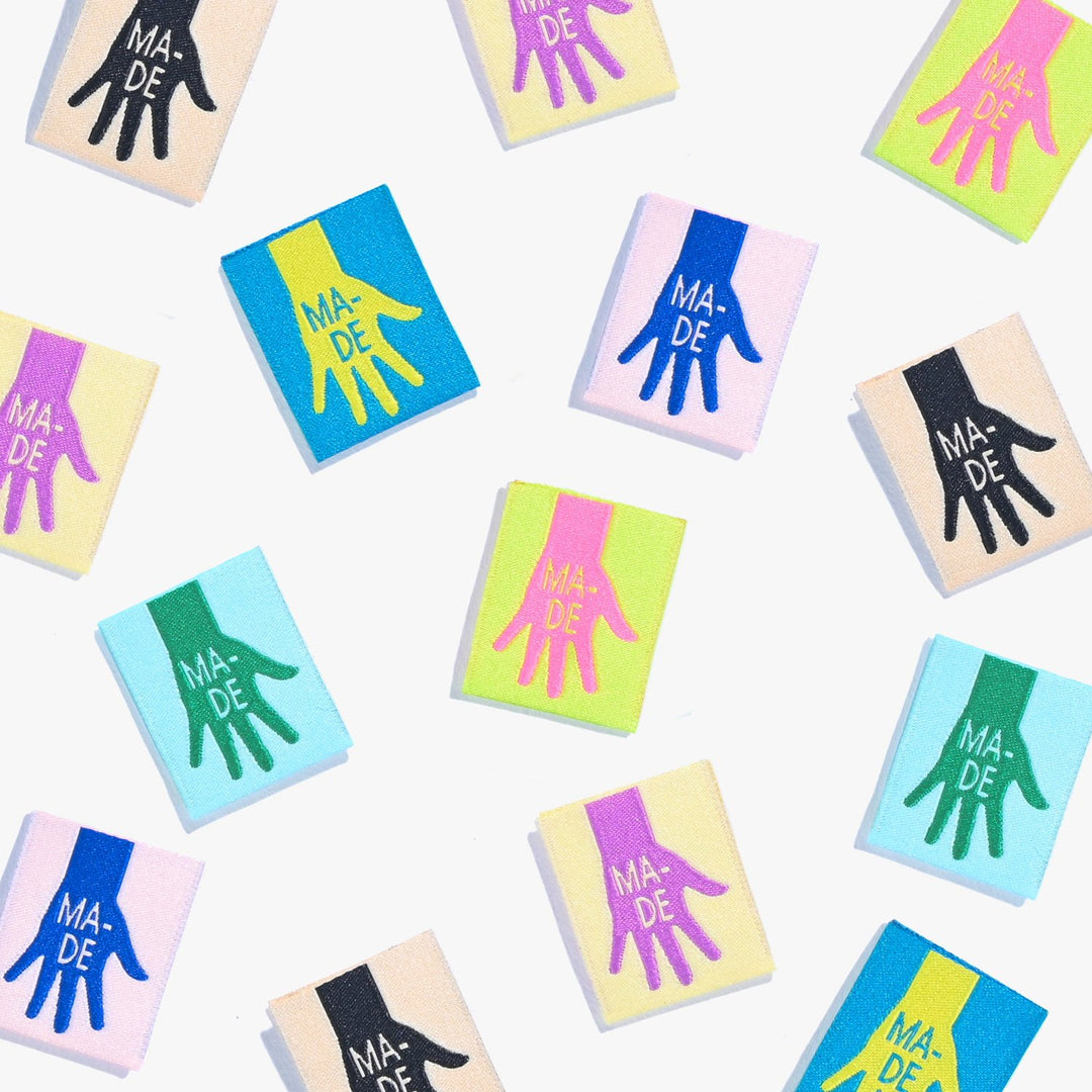 Colorful 'MADE' woven garment labels - small 3/4" sewing tags for professional handmade branding