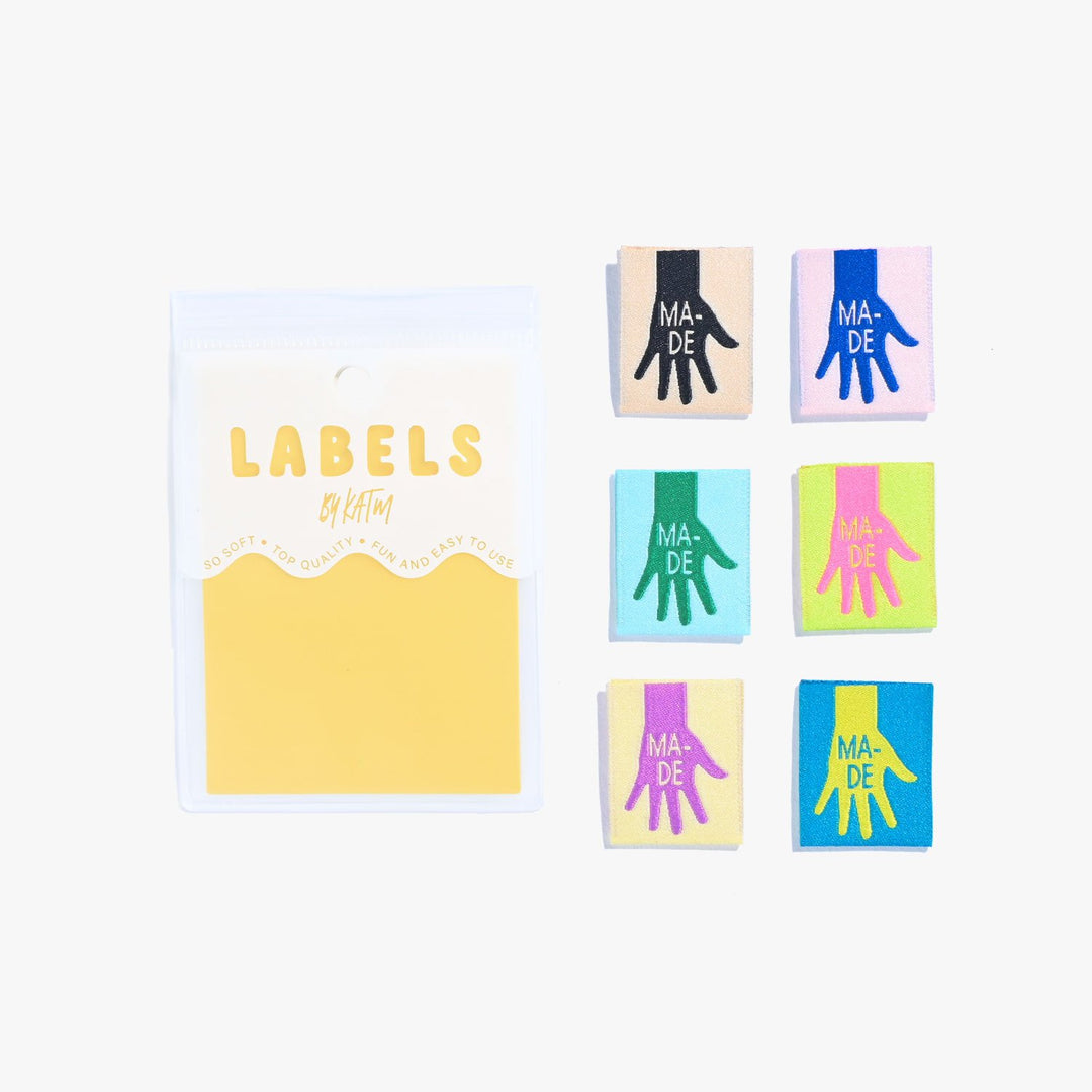 Colorful 'MADE' woven garment labels - small 3/4" sewing tags for professional handmade branding