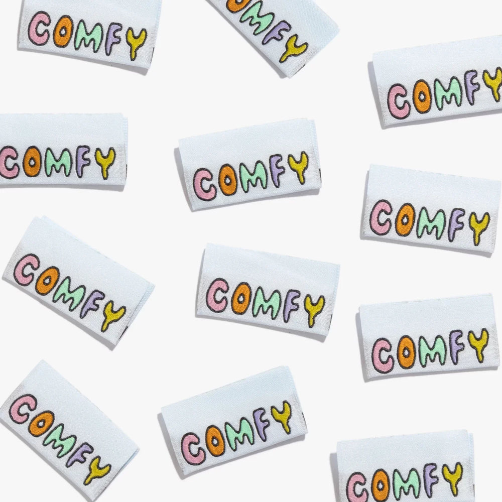 Kylie and the Machine COMFY garment labels - baby blue with multicolor text for handmade clothing