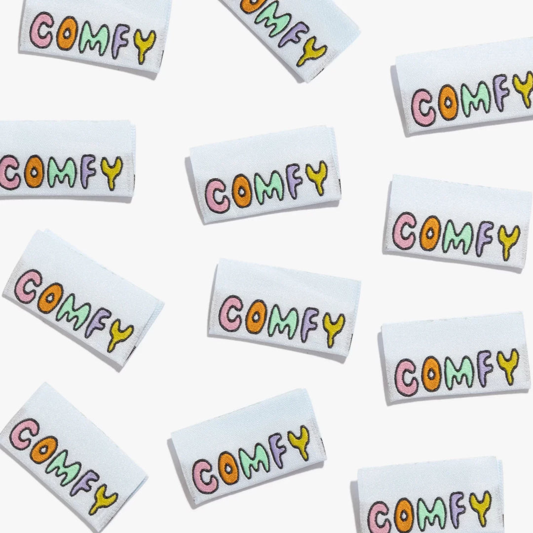 Kylie and the Machine COMFY garment labels - baby blue with multicolor text for handmade clothing