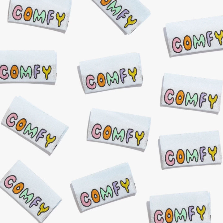 Kylie and the Machine COMFY garment labels - baby blue with multicolor text for handmade clothing