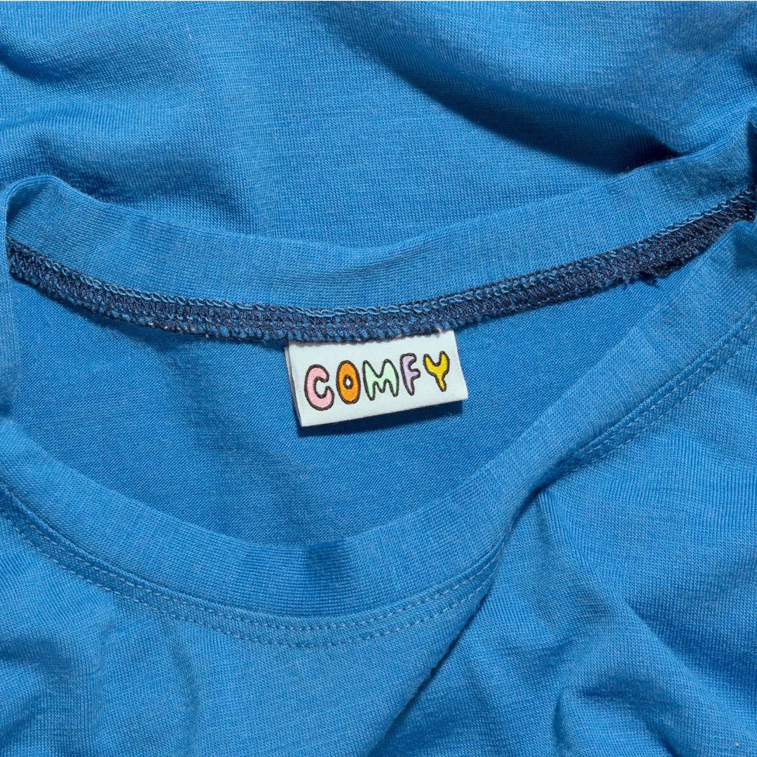 Kylie and the Machine COMFY garment labels - baby blue with multicolor text for handmade clothing