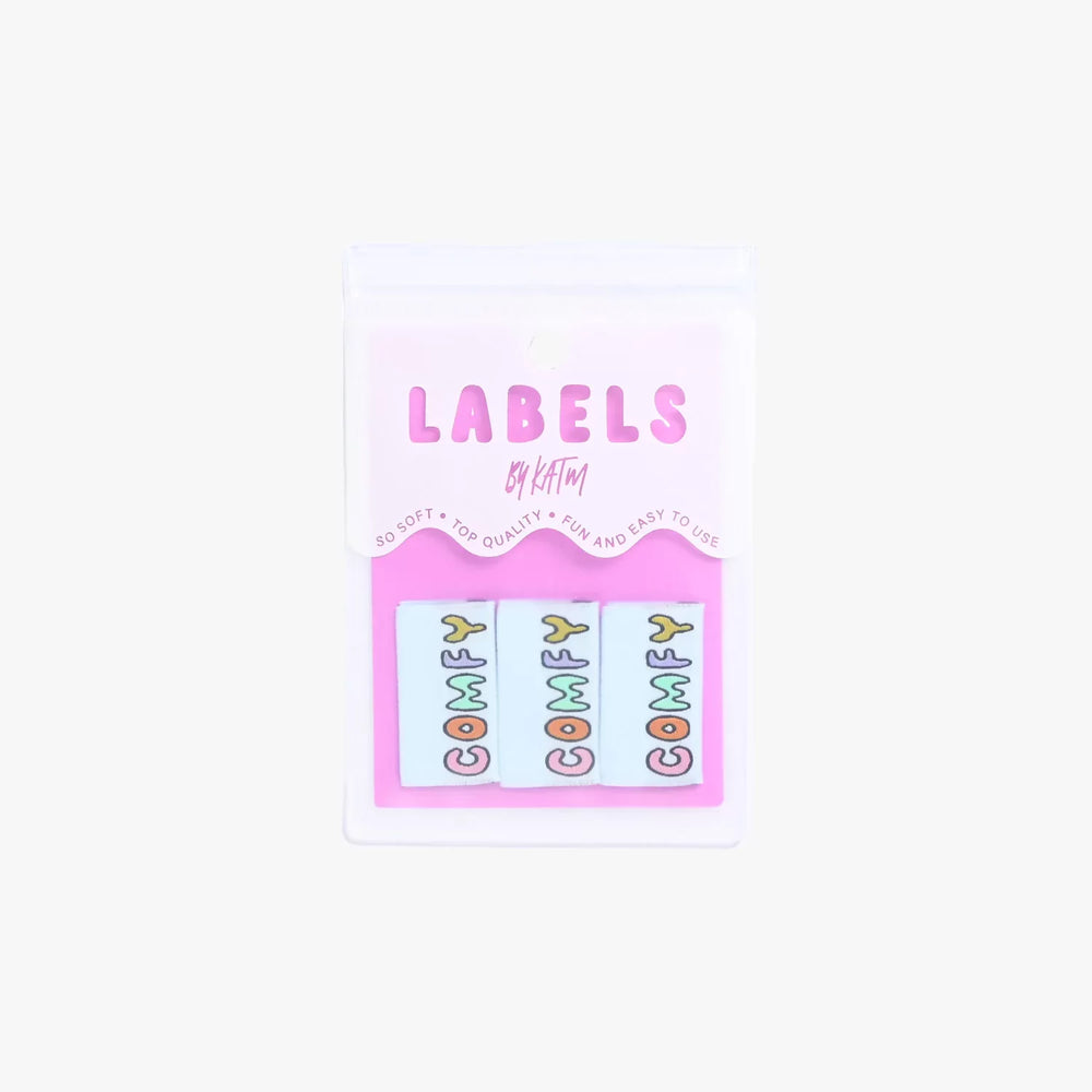 Kylie and the Machine COMFY garment labels - baby blue with multicolor text for handmade clothing