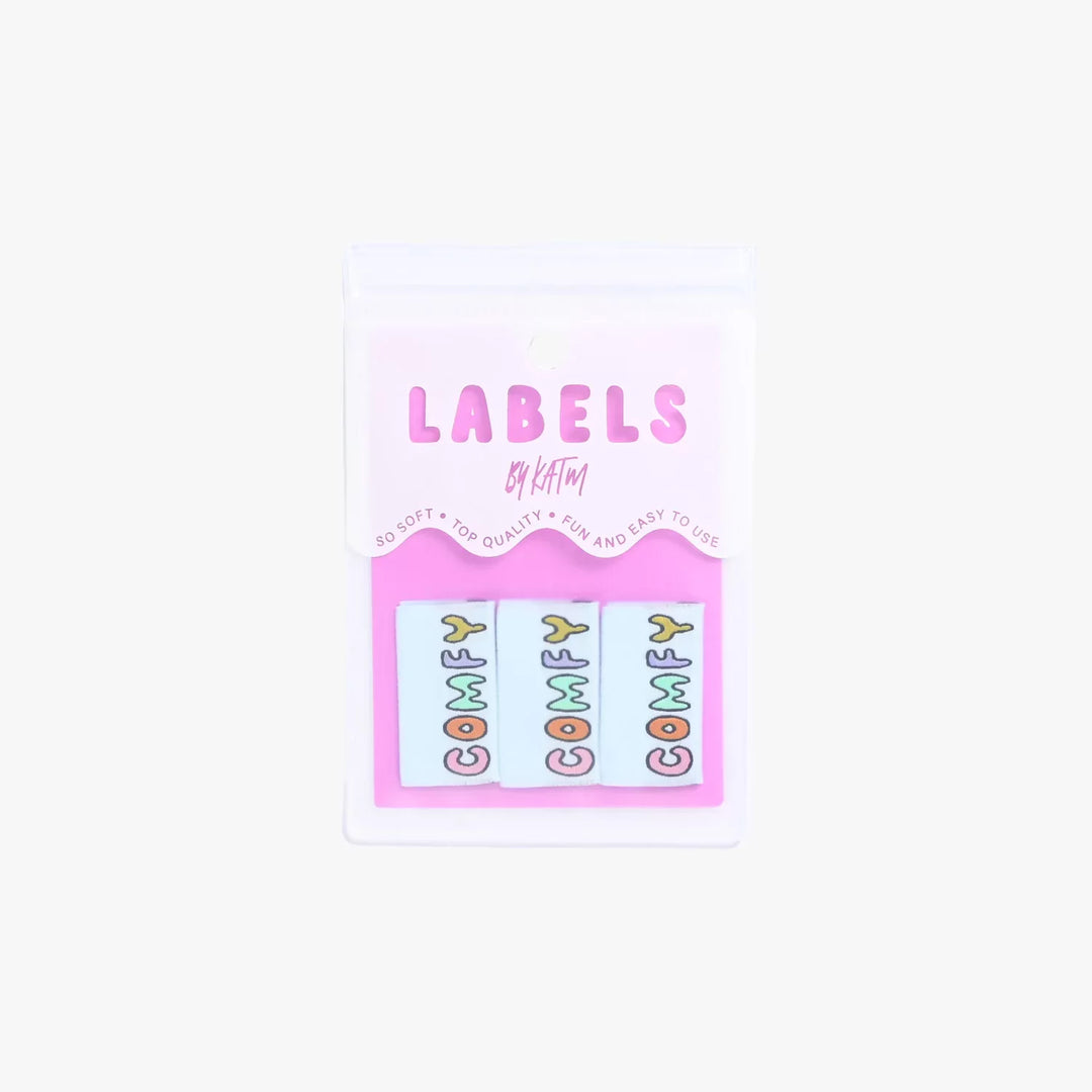 Kylie and the Machine COMFY garment labels - baby blue with multicolor text for handmade clothing