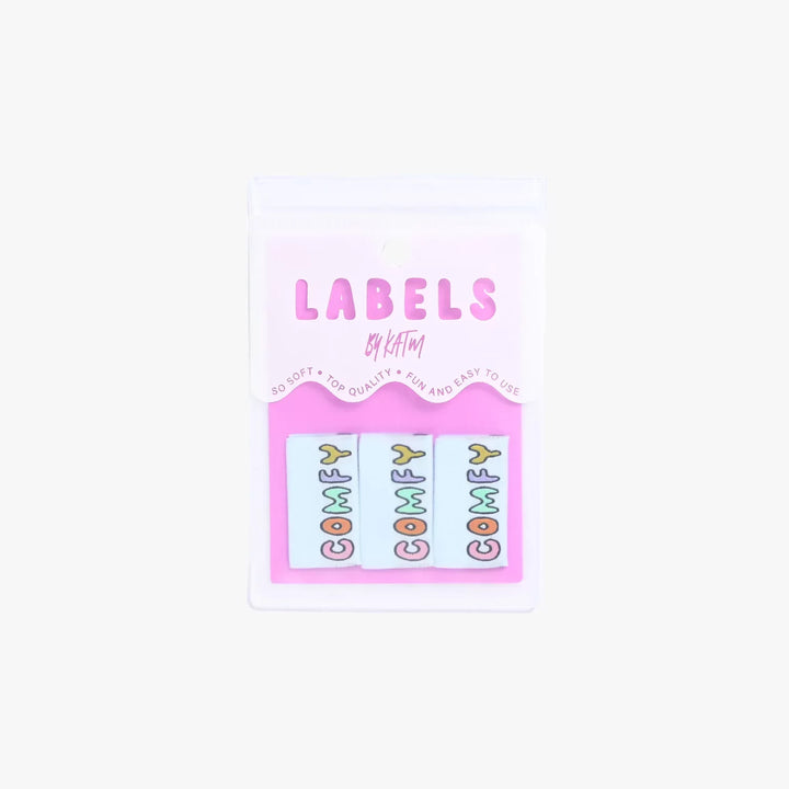 Kylie and the Machine COMFY garment labels - baby blue with multicolor text for handmade clothing