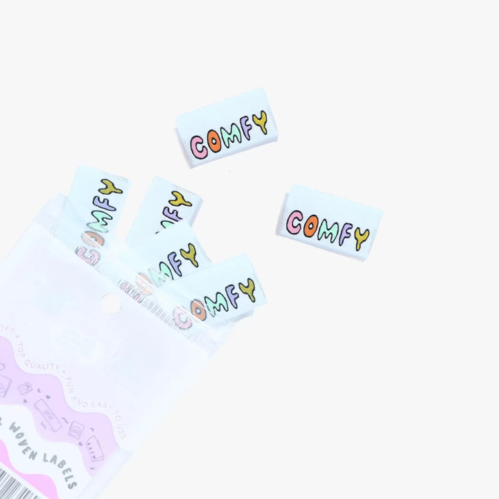 Kylie and the Machine COMFY garment labels - baby blue with multicolor text for handmade clothing