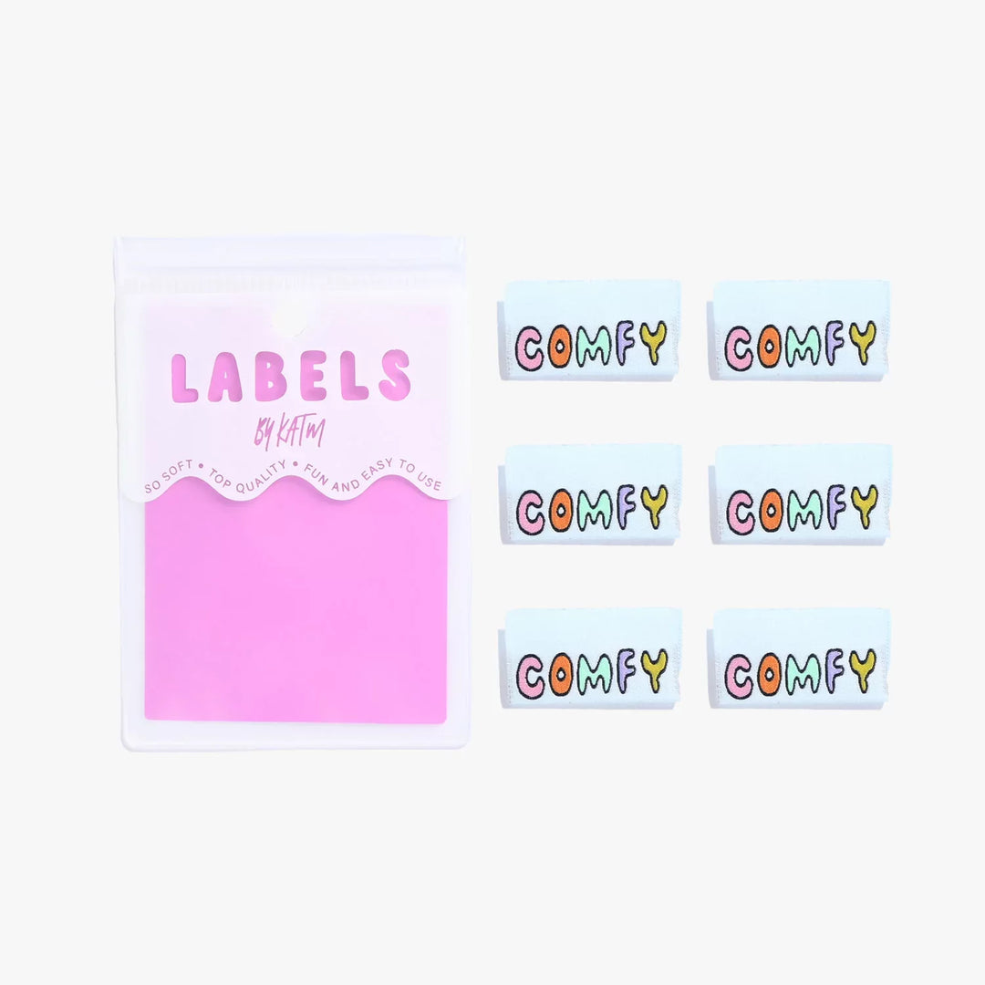 Kylie and the Machine COMFY garment labels - baby blue with multicolor text for handmade clothing