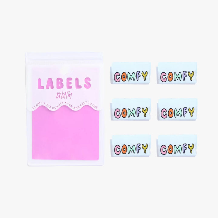 Kylie and the Machine COMFY garment labels - baby blue with multicolor text for handmade clothing