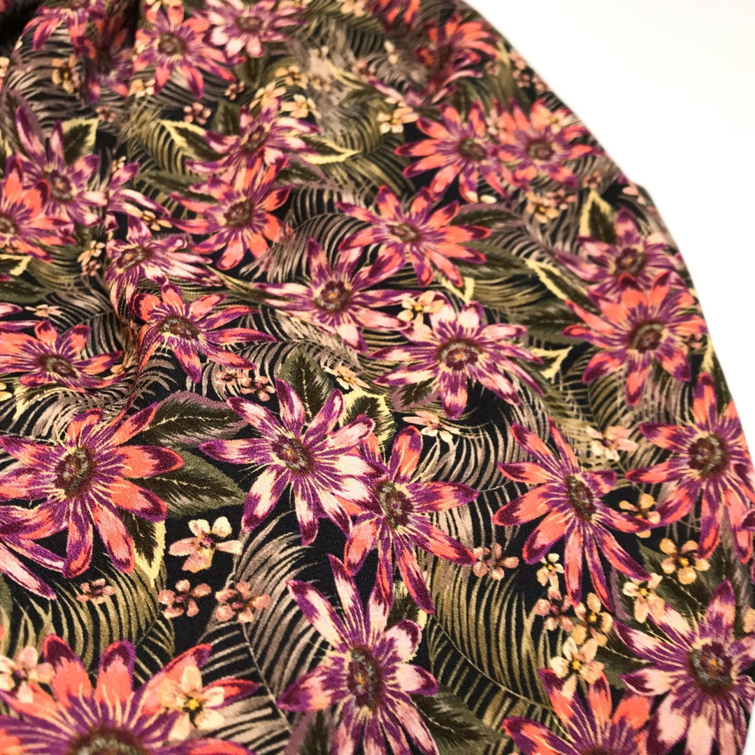 French Viscose Crepe - Passion Flower fabric with pink and purple floral print, lightweight flowing designer material