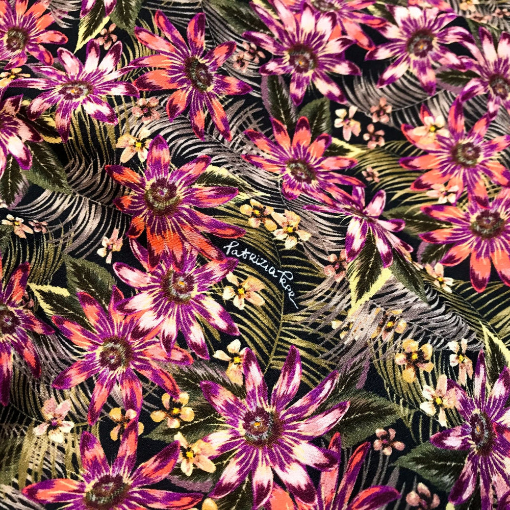French Viscose Crepe - Passion Flower fabric with pink and purple floral print, lightweight flowing designer material