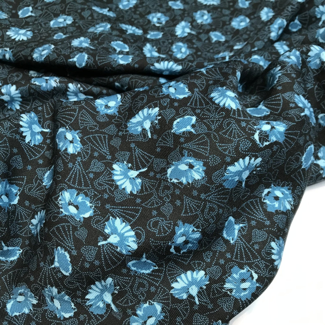 French Viscose Black and Blue Dandelion Fabric – Soft, Lightweight, Drapey Floral Print Material for Dressmaking