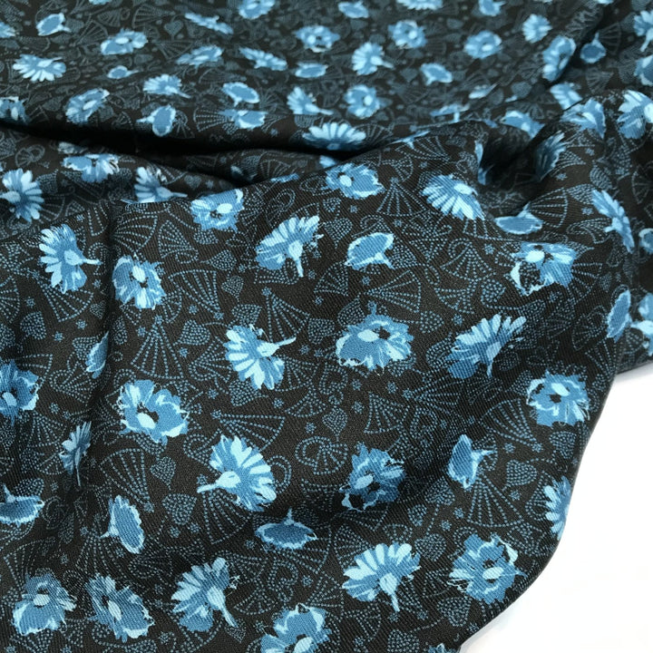 French Viscose Black and Blue Dandelion Fabric – Soft, Lightweight, Drapey Floral Print Material for Dressmaking