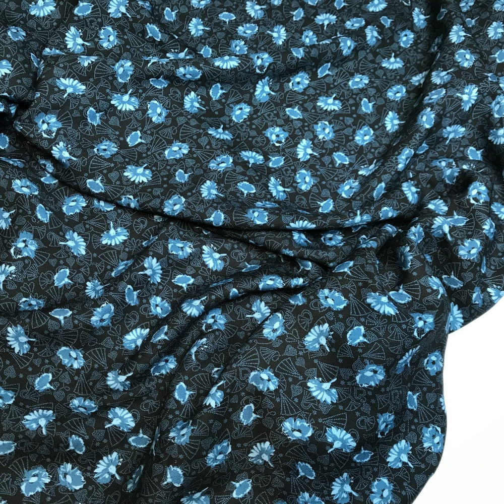 French Viscose Black and Blue Dandelion Fabric – Soft, Lightweight, Drapey Floral Print Material for Dressmaking