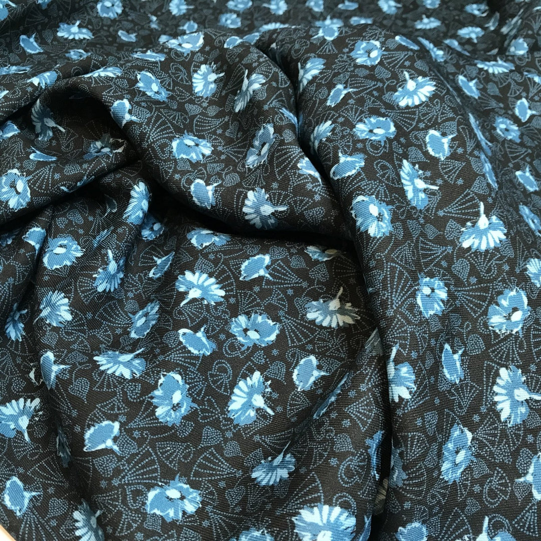 French Viscose Black and Blue Dandelion Fabric – Soft, Lightweight, Drapey Floral Print Material for Dressmaking