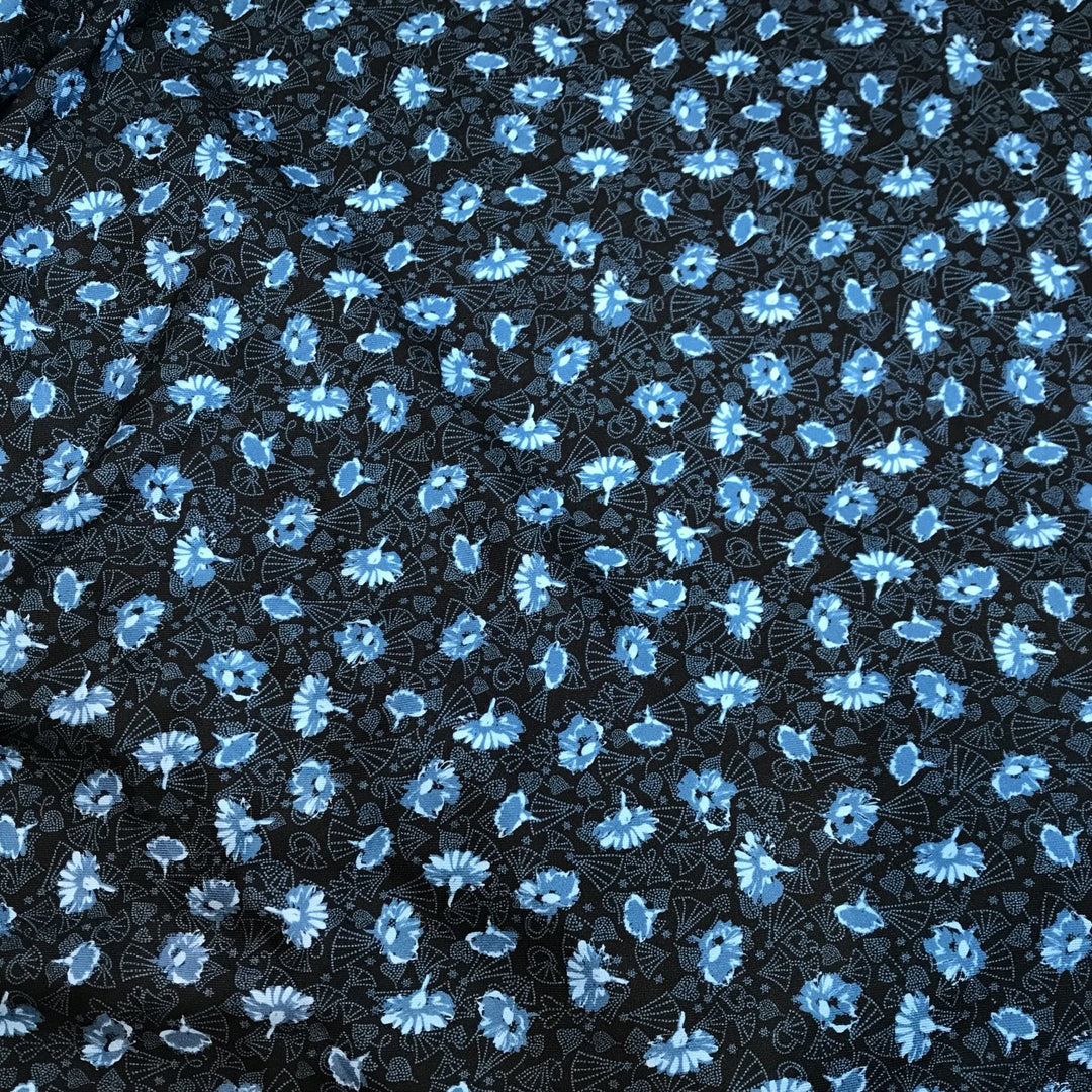 French Viscose Black and Blue Dandelion Fabric – Soft, Lightweight, Drapey Floral Print Material for Dressmaking
