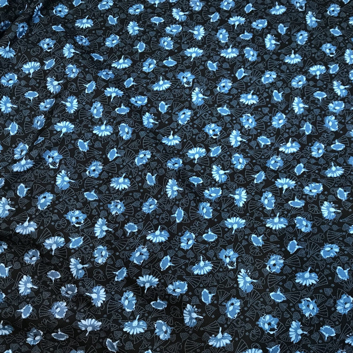 French Viscose Black and Blue Dandelion Fabric – Soft, Lightweight, Drapey Floral Print Material for Dressmaking