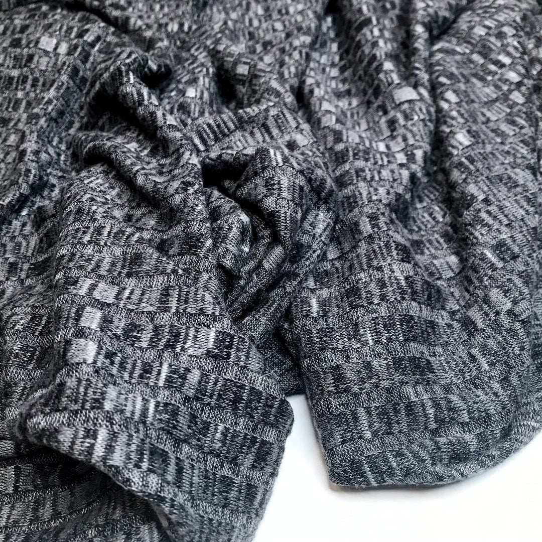 Black Mélange Hacci Sweater Knit Fabric - Rayon Spandex Poly Blend - Ribbed Stretchy Deadstock Material for Cardigans & Pullovers