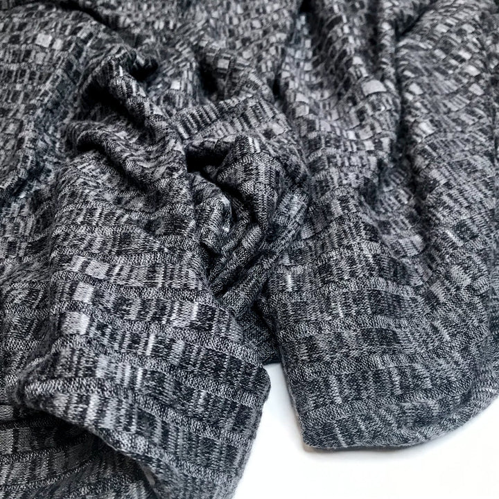 Black Mélange Hacci Sweater Knit Fabric - Rayon Spandex Poly Blend - Ribbed Stretchy Deadstock Material for Cardigans & Pullovers