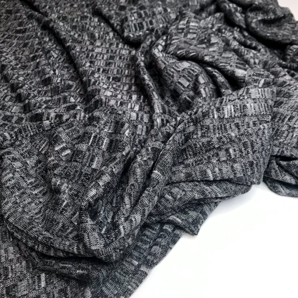 Black Mélange Hacci Sweater Knit Fabric - Rayon Spandex Poly Blend - Ribbed Stretchy Deadstock Material for Cardigans & Pullovers