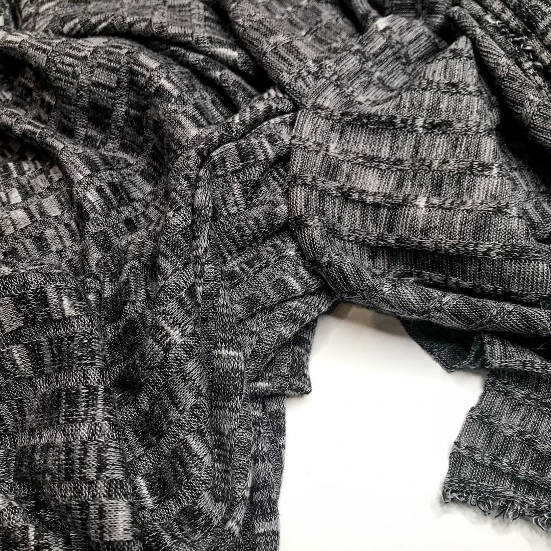 Black Mélange Hacci Sweater Knit Fabric - Rayon Spandex Poly Blend - Ribbed Stretchy Deadstock Material for Cardigans & Pullovers
