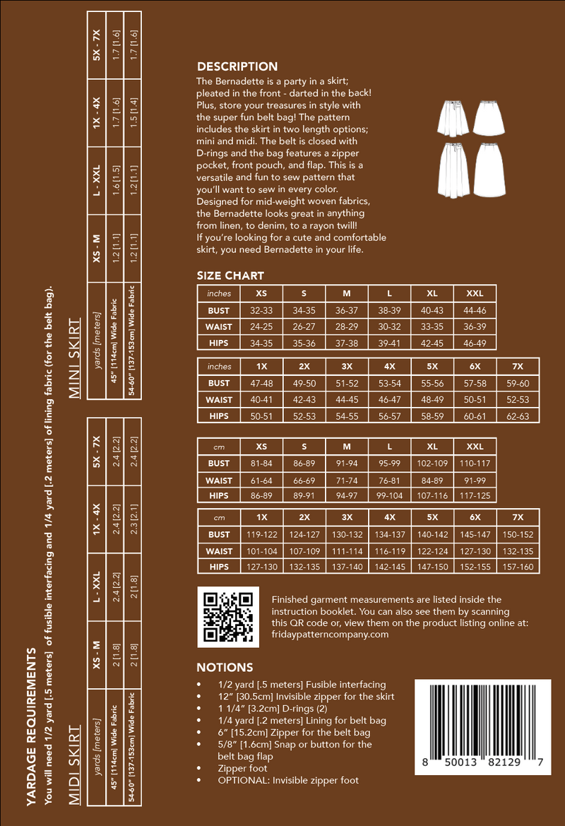 Friday Pattern Co. Bernadette Skirt sewing pattern – pleated skirt with detachable belt bag in mini and midi lengths for sizes XS-7X