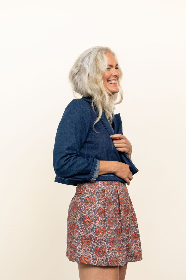 Friday Pattern Co. Bernadette Skirt sewing pattern – pleated skirt with detachable belt bag in mini and midi lengths for sizes XS-7X