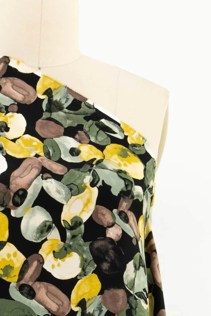 Cotton Stretch Sateen Green Dollops – 98% cotton, 2% Lycra, 57/58 inches wide, smooth fabric with autumnal green, pear, sage, and mocha dollops for jackets, skirts, and shirts