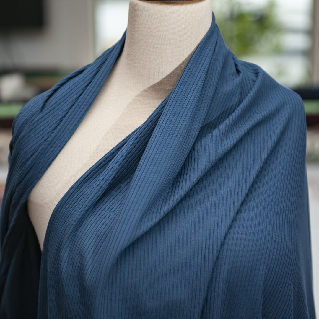 Captain Blue Bamboo Rib Knit Fabric - 89.5% Bamboo 10.5% Spandex - 4-Way Stretch Eco-Friendly Material for Dresses & Athleisure Wear