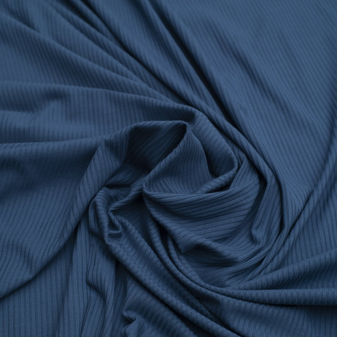 Captain Blue Bamboo Rib Knit Fabric - 89.5% Bamboo 10.5% Spandex - 4-Way Stretch Eco-Friendly Material for Dresses & Athleisure Wear