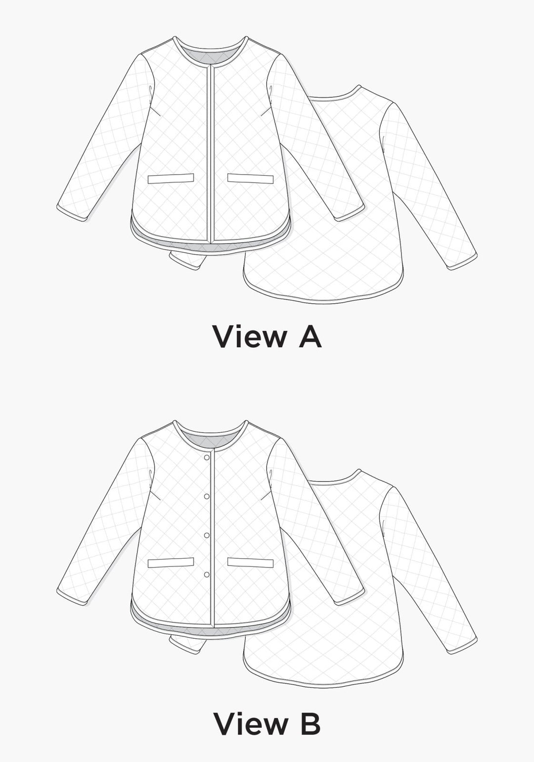 Grainline Studio Tamarack Jacket sewing pattern – plus-size quilted coat with welt pockets for sizes 14-30 (D-cup)