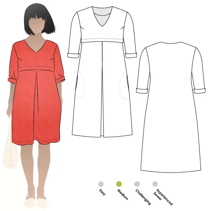 Style Arc Patricia Rose Dress sewing pattern with V-neck, under-bust tuck, front pleat, and side pockets