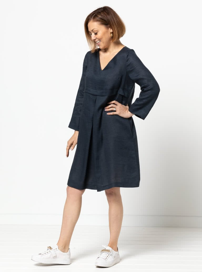 Style Arc Patricia Rose Dress sewing pattern with V-neck, under-bust tuck, front pleat, and side pockets