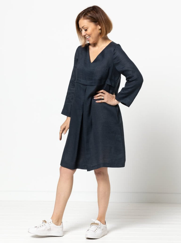 Style Arc Patricia Rose Dress sewing pattern with V-neck, under-bust tuck, front pleat, and side pockets