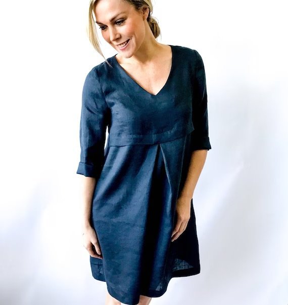 Style Arc Patricia Rose Dress sewing pattern with V-neck, under-bust tuck, front pleat, and side pockets