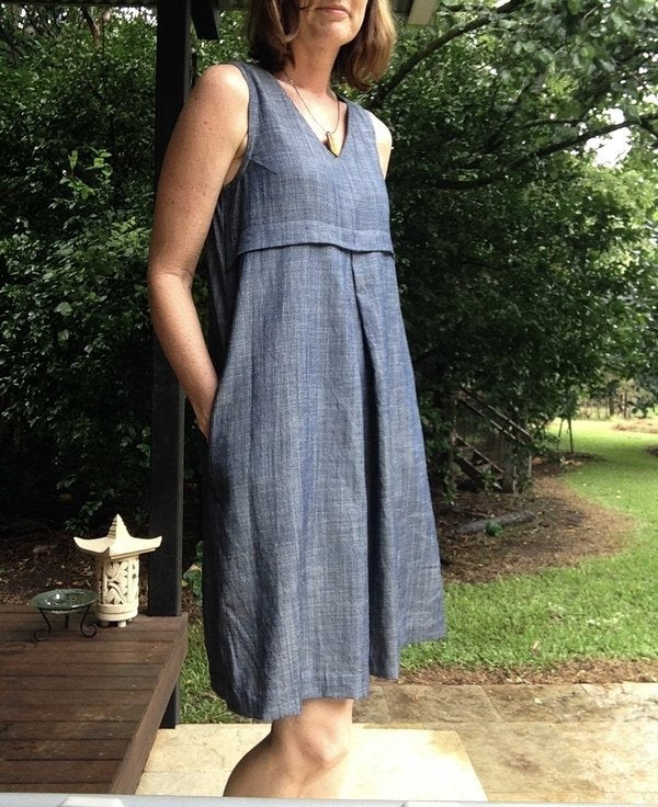 Style Arc Patricia Rose Dress sewing pattern with V-neck, under-bust tuck, front pleat, and side pockets